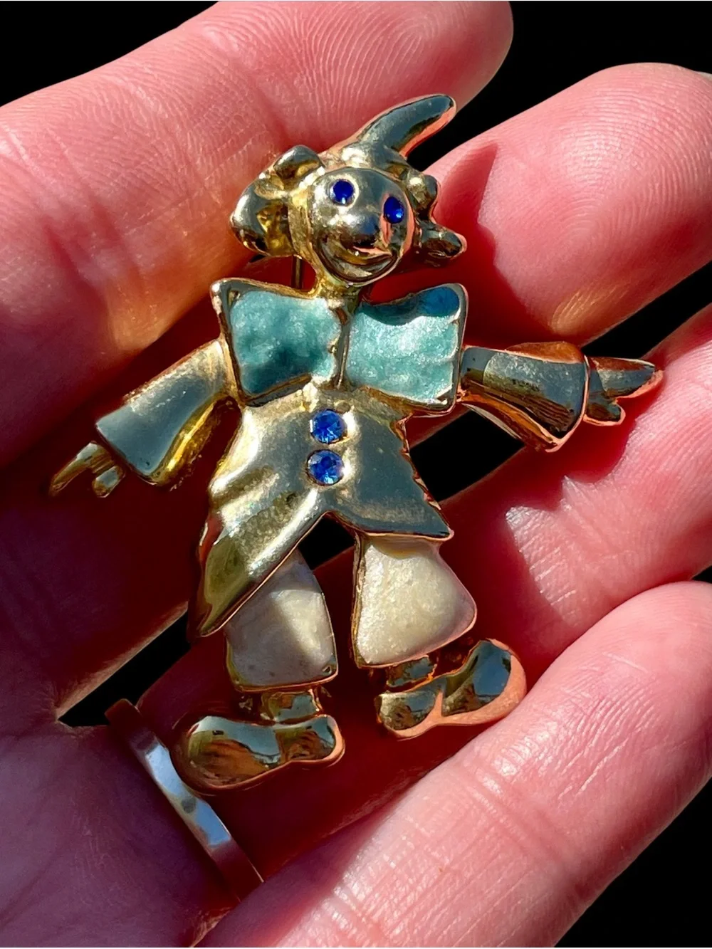 Gold-tone Clown Brooch with Blue and Mint Enamel Accents - Picture 3 of 6